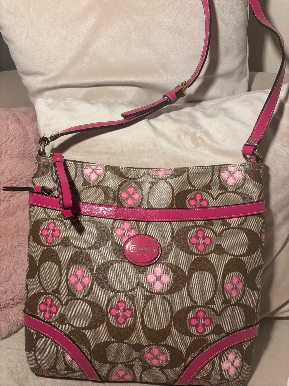 Coach Brown Signature Canvas Crossbody with Pink Floral Trim